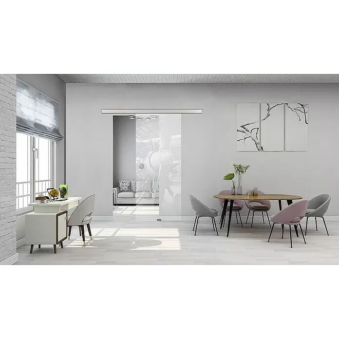 Diamond Doors Glasschiebetür 619 - 935 x 2.058 mm, Einscheibensicherheitsglas (ESG), Klarglas - Klare Glasschiebetür mit silberner Laufschiene, die zwei moderne Räume trennt.