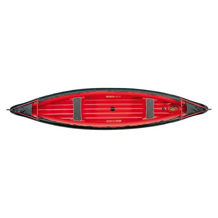 Grabner Kanu Adventure - L x B: 450 x 95 cm, Nutzlast: 450 kg, Geeignet für: 3 Personen - Draufsicht auf ein aufblasbares rotes Kajak mit schwarzem Rand. Ideal für Outdoor-Abenteuer und Wassersport.