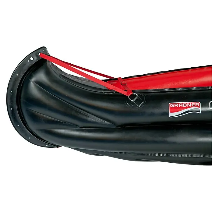 Grabner Kanu Adventure - L x B: 450 x 95 cm, Nutzlast: 450 kg, Geeignet für: 3 Personen - Detailaufnahme eines schwarzen Grabner Adventure Expedition Luftkanadier mit roter Verzurrung am Bug.