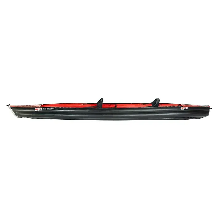Grabner Kajak Holiday 2 - L x B: 395 x 75 cm, Nutzlast: 190 kg, Geeignet für: 2 Personen - Das Bild zeigt ein aufblasbares Kajak für zwei Personen, ideal für entspannte Ausflüge auf dem Wasser, mit rotem Innenraum und schwarzem Außenmaterial.