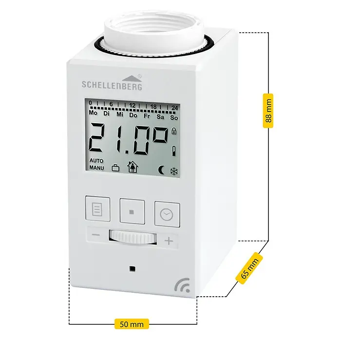 Schellenberg Raumthermostat - Weiß, L x B x H: 65 x 50 x 88 mm - Abbildung eines Schellenberg Heizkörperthermostats, weiß, mit den Maßen 88 mm Höhe, 65 mm Tiefe und 50 mm Breite.