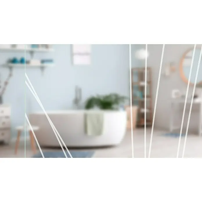 Diamond Doors Glasdrehtür 559 - 959 x 1.972 mm, DIN Anschlag: Links, Klarglas - Ein stilvolles Badezimmer mit freistehender Badewanne, hellblauen Wänden und modernen Regalen. Das Interieur ist hell und einladend gestaltet.