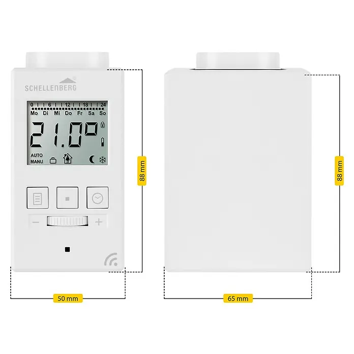 Schellenberg Raumthermostat - Weiß, L x B x H: 65 x 50 x 88 mm - Abbildung eines Schellenberg Heizkörperreglers mit den Maßen 50x65x88 mm zur Temperaturregelung und Energieeinsparung in Ihrem Zuhause.
