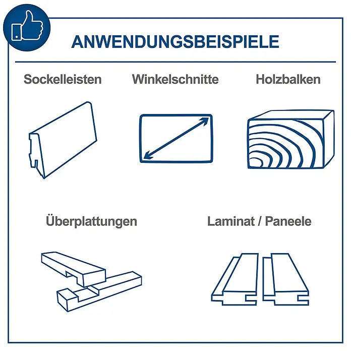 Scheppach Kapp- & Gehrungssäge HM305SL - 2.000 W, Durchmesser Sägeblatt: 305 mm, Leerlaufdrehzahl: 5.000 U/min - Anwendungsbeispiele für Sockelleisten, Winkelschnitte, Holzbalken, Überplattungen und Laminat/Paneele mit Daumen hoch Symbol.