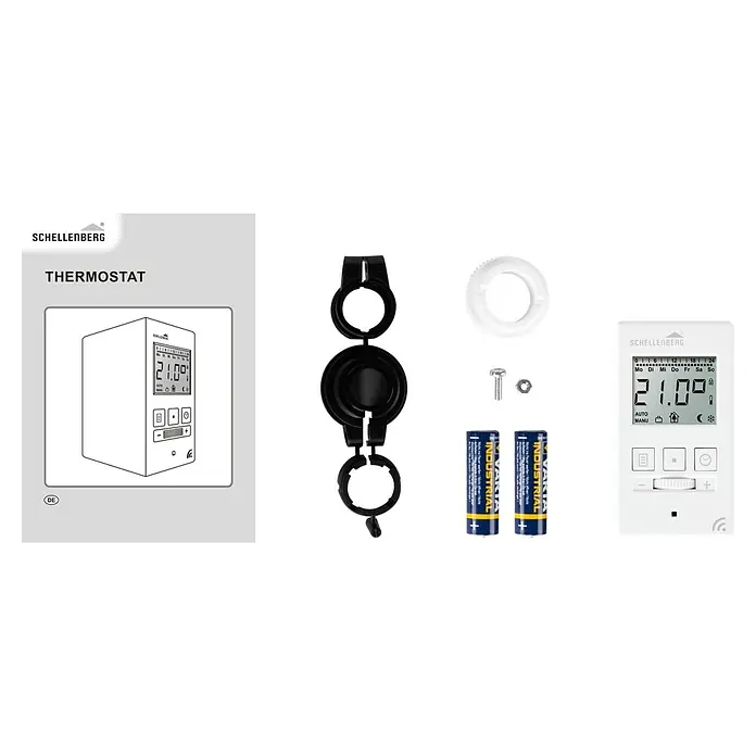 Schellenberg Raumthermostat - Weiß, L x B x H: 65 x 50 x 88 mm - Bild einer Schellenberg Thermostatpackung mit Zubehör.