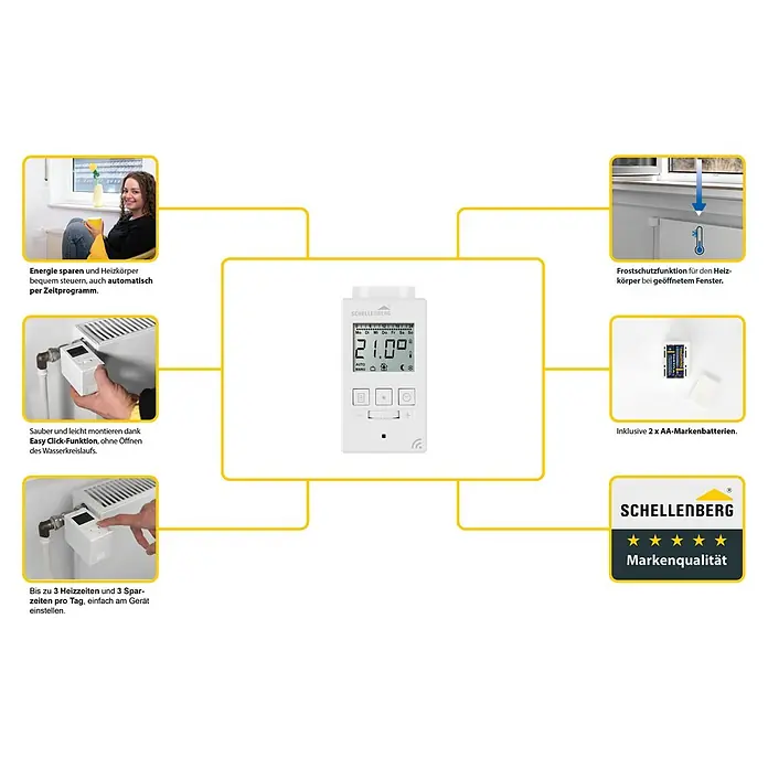 Schellenberg Raumthermostat - Weiß, L x B x H: 65 x 50 x 88 mm - Intelligenter Schellenberg Heizkörperthermostat zur Steuerung des Energieverbrauchs. Einfache Installation und inklusive Frostschutzfunktion.