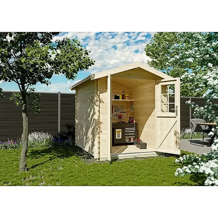 Kiehnholz Gartenhaus Mikka - Außenmaß inkl. Dachüberstand (B x T): 228 x 233 cm, Holz, Natur, Satteldach - Gartenschuppen aus Naturholz mit offener Tür, Werkbank und Werkzeugen innen.