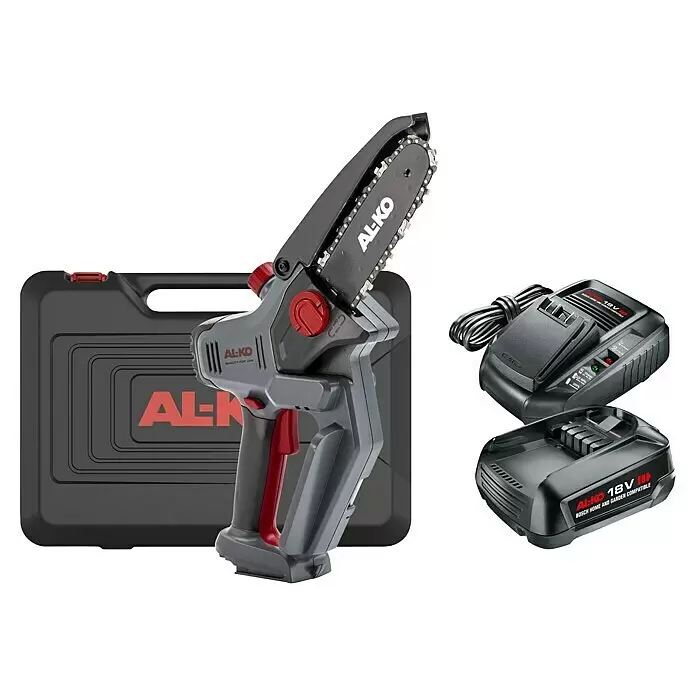 AL-KO Bosch Home & Garden Compatible Akku-Kettensäge CSM 1815 - 18 V, Li-Ionen, 1 Akku, Schwertlänge: 15 cm - AL-KO 18V Akku-Mini-Kettensägen-Set in Grau-Rot, mit schwarzem Tragekoffer, Ladegerät und Akku.