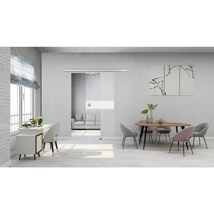 Diamond Doors Glasschiebetür 593 - 935 x 2.058 mm, Einscheibensicherheitsglas (ESG), Klarglas - Helles Interieur mit einem eleganten Glasschiebetürsystem, das den Raum optisch öffnet und modernes Design mit Funktionalität verbindet.