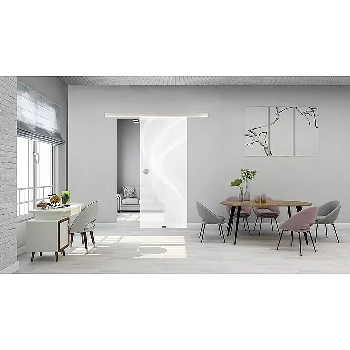 Diamond Doors Glasschiebetür 636 - 935 x 2.058 mm, Einscheibensicherheitsglas (ESG), Milchglas - Satinierte Glasschiebetür mit weißem Wellenmuster, die zwei Räume in einem modernen Interieur trennt.