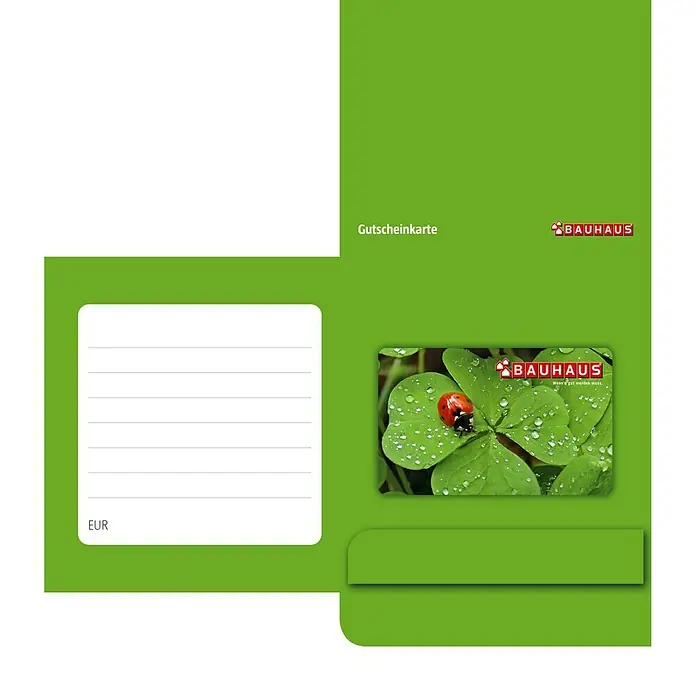 Gutscheinkarte - Per Postversand, 20 Euro, Kleeblatt - Ein Gutschein von BAUHAUS mit einem vierblättrigen Kleeblatt und einem Marienkäfer, ideal zum Verschenken für Heimwerker und Gartenliebhaber.
