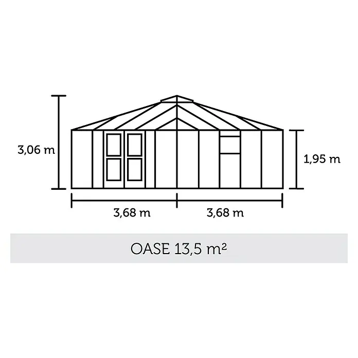 Juliana Gewächshaus Oase - Außenmaß inkl. Dachüberstand (B x T): 368 x 368 cm, Material Seitenwand: Glas, 3 mm, Anthrazit/Schwarz - Abbildung eines Oase-Gewächshauses mit den Maßen 3,06 m Höhe und einer Grundfläche von 13,5 m².