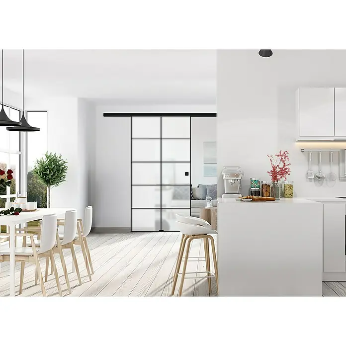 Diamond Doors Black Edition Schiebetür-Komplettset Loft - 935 x 2.058 mm, Milchglas - Modernes Interieur mit einer eleganten Schiebetür im Industriedesign, die den Raum optisch teilt und gleichzeitig offen hält.