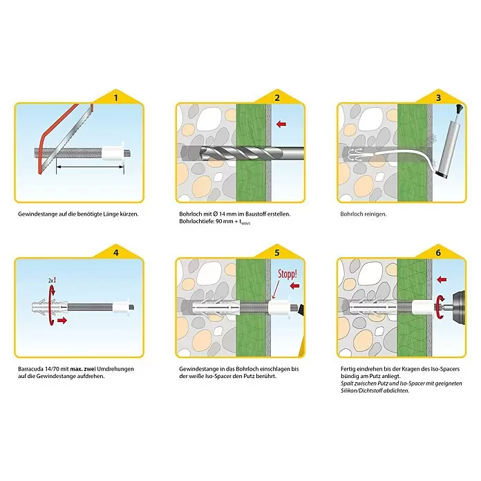 Schellenberg Abstandsmontagesystem - Passend für: Dämmstoffstärke 50 bis 200 mm - Installationsanleitung für Fassadenbefestigungssystem in Wand: Bohren, Reinigen, Einsetzen von Gewindestange, Dübel, Isolierabstandshalter und Abdichten.