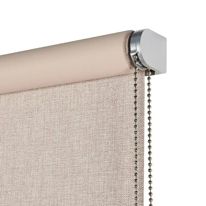 Estor enrollable opaco Textura - An x Al: 80 x 250 cm, Lino - Primer plano de una persiana enrollable beige con cadena y soporte plateado.