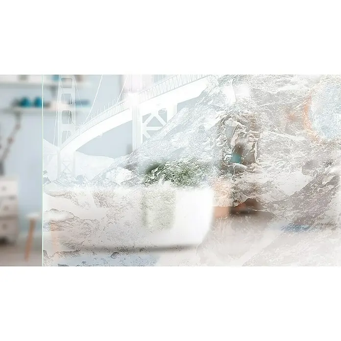 Diamond Doors Glasschiebetür 615 - 935 x 2.058 mm, Einscheibensicherheitsglas (ESG), Klarglas - Abstraktes Bild mit Brücke und Berglandschaft, verschwommen und überlagert, für ein modernes, vielschichtiges Design.