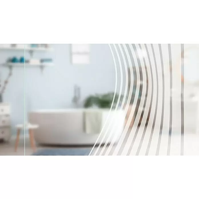 Diamond Doors Glasschiebetür 543 - 935 x 2.058 mm, Einscheibensicherheitsglas (ESG), Klarglas - Milchglas-Sichtschutzfolie mit weißen Wellenstreifen auf einer Glasscheibe, die einen unscharfen Badezimmerinnenraum teilweise verdeckt.