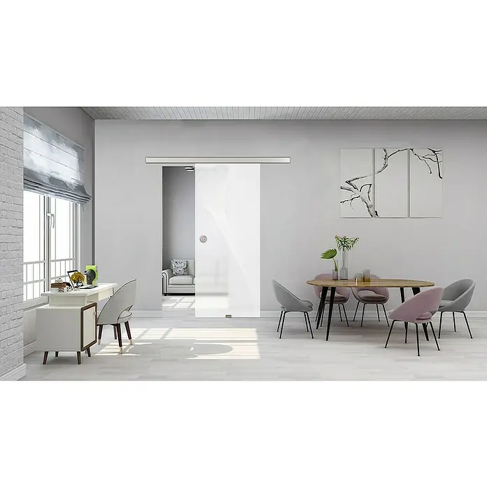Diamond Doors Glasschiebetür 623 - 935 x 2.058 mm, Einscheibensicherheitsglas (ESG), Milchglas - Helle Inneneinrichtung mit Fokus auf einer modernen Glasschiebetür, die Licht und Raum verbindet und für ein offenes Wohngefühl sorgt.