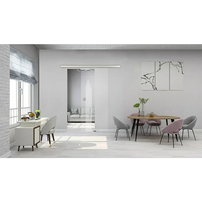 Diamond Doors Glasschiebetür 597 - 935 x 2.058 mm, Einscheibensicherheitsglas (ESG), Klarglas - Helles Interieur mit Glasschiebetür, Esstisch und Arbeitsbereich. Die Glastür trennt stilvoll Wohn- und Essbereich.