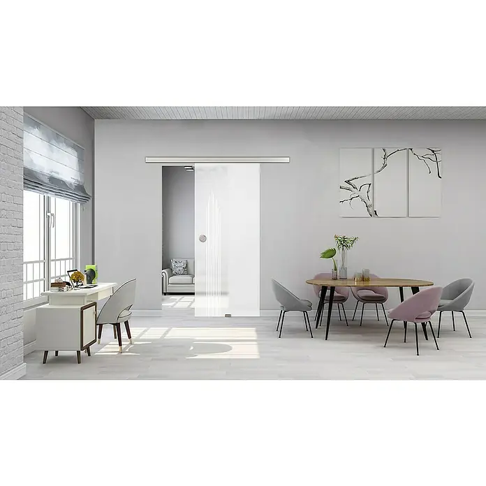 Diamond Doors Glasschiebetür 597 - 935 x 2.058 mm, Einscheibensicherheitsglas (ESG), Milchglas - Eine moderne Inneneinrichtung mit einer eleganten Glasschiebetür, die den Raum stilvoll abtrennt und für eine offene Atmosphäre sorgt.