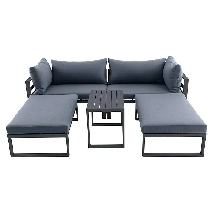 Sunfun Maja Loungemöbel-Set - 5 -tlg., Aluminium, Anthrazit - Graue Gartenmöbelgarnitur mit einem Sofa, zwei Hockern und einem kleinen Tisch, ideal für entspannte Stunden im Freien.