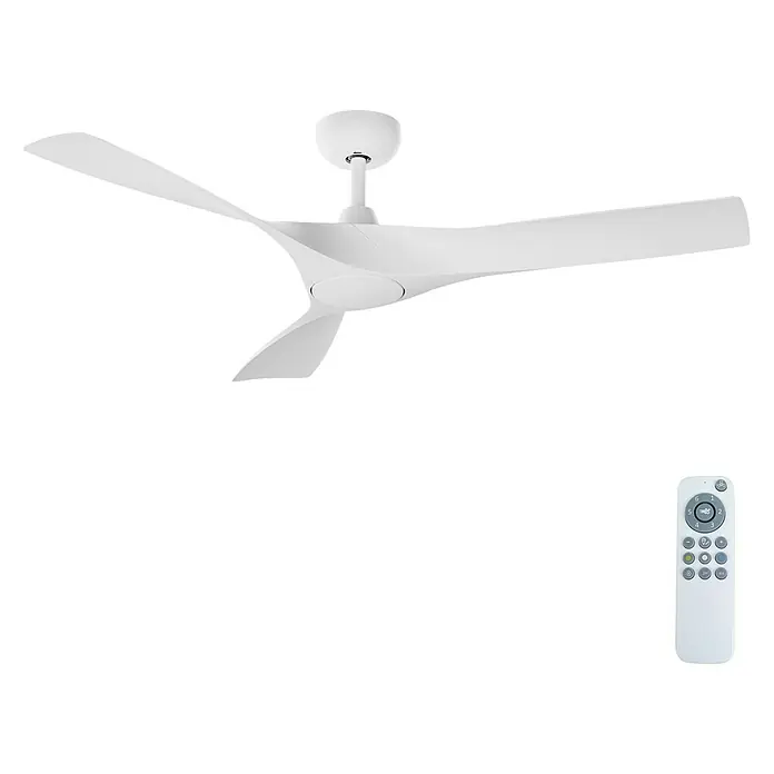 Arte confort Ventilador de techo Paula - Blanco, 142 cm, 35 W, Blanco neutro - Un ventilador de techo blanco con tres palas y un mando a distancia para ajustar la velocidad.