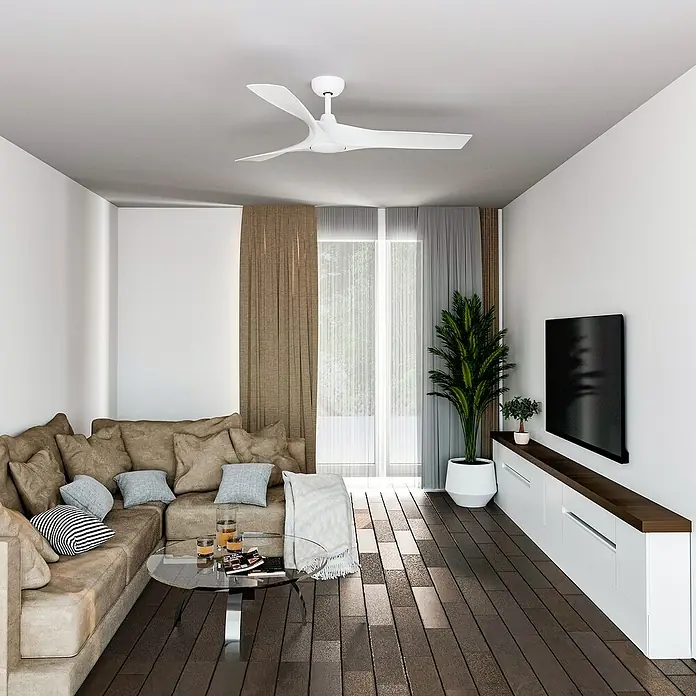 Arte confort Ventilador de techo Paula - Blanco, 142 cm, 35 W, Blanco neutro - Una habitación elegante con un moderno ventilador de techo blanco, creando un ambiente agradable.