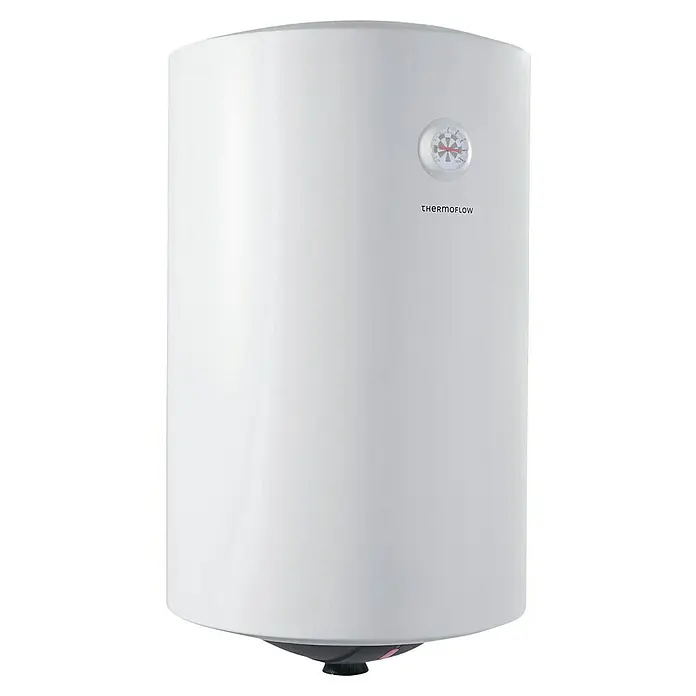 Thermoflow Warmwasserspeicher DS 80 - 80 l, 2.000 W, Temperaturbereich: 30 °C - 75 °C - Ein Thermoflow Warmwasserbereiter in Weiß. Das Gerät hat eine runde Form und ein Thermometer auf der Oberseite.