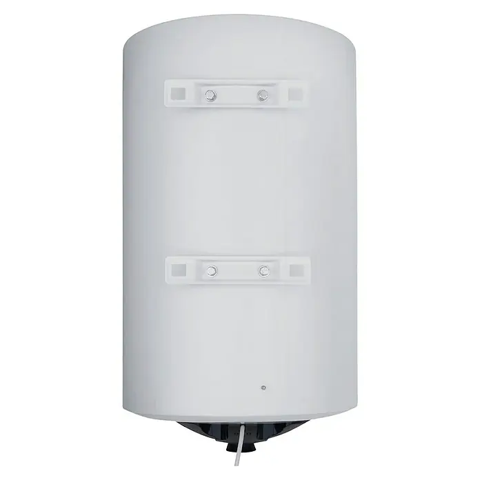 Thermoflow Warmwasserspeicher DS 80 - 80 l, 2.000 W, Temperaturbereich: 30 °C - 75 °C - Eine Nahaufnahme eines zylindrischen, weißen Warmwasserbereiters mit Befestigungselementen an der Rückseite und einem Kabel am Boden.