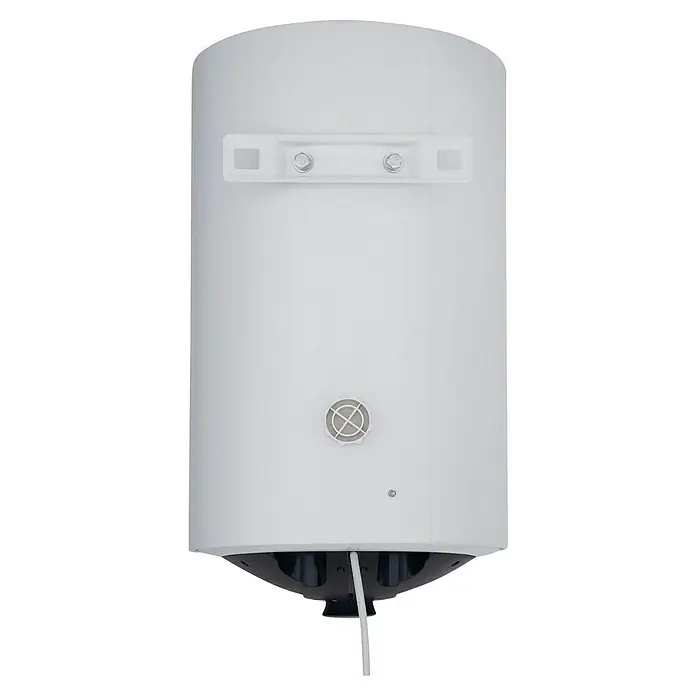 Thermoflow Warmwasserspeicher DS 30 - 30 l, Temperaturbereich: 30 °C - 75 °C - Nahaufnahme eines weißen Warmwasserbereiters mit Details wie Schrauben, Lüftung und Kabel.