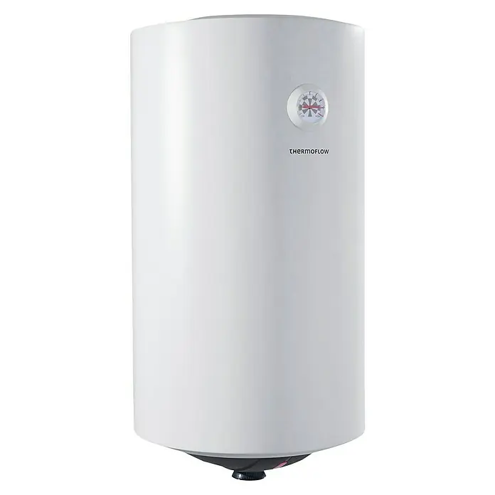 Thermoflow Warmwasserspeicher DS50 - 50 l, 2.000 W, Temperaturbereich: 30 °C - 75 °C - Nahaufnahme eines weißen Thermoflow-Warmwasserbereiters mit Temperaturanzeige und Thermoflow-Logo.
