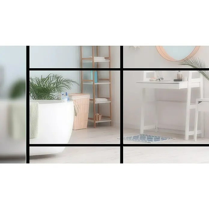 Diamond Doors Black Edition Glasschiebetür Loft - 935 x 2.058 mm, Einscheibensicherheitsglas (ESG), Klarglas - Badezimmer-Interieur mit Badewanne, Regal und Schminktisch, präsentiert durch eine kunstvolle Fensteraufteilung.