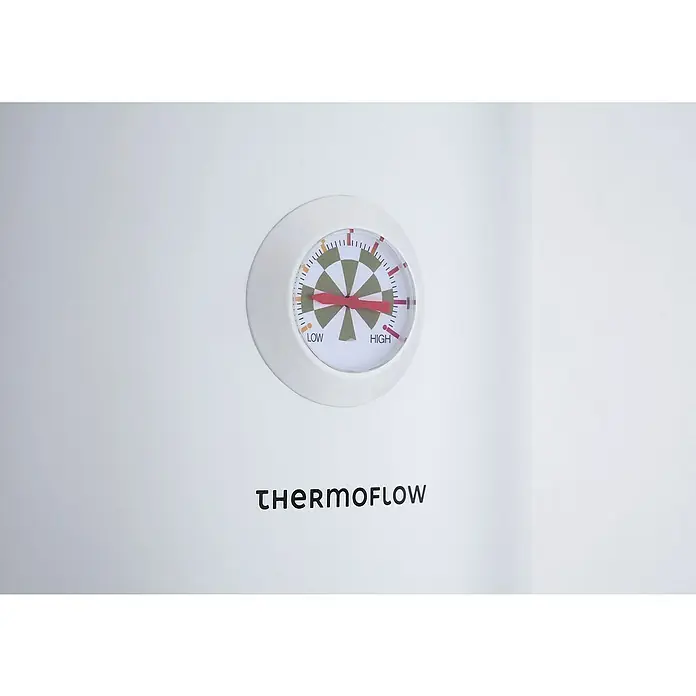 Thermoflow Warmwasserspeicher DS 30 - 30 l, Temperaturbereich: 30 °C - 75 °C - Thermoflow Warmwasserbereiter Temperaturanzeige, die zwischen niedrig und hoch eingestellt ist, auf einem weißen Hintergrund.