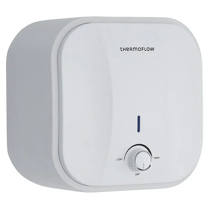 Thermoflow Warmwasserspeicher DS 15 O - 15 l, 2.000 W, Temperaturbereich: 30 °C - 75 °C - Das Bild zeigt einen Thermoflow-Warmwasserbereiter in Weiß mit einem Drehknopf zur Temperaturregelung und einer LED-Anzeige.