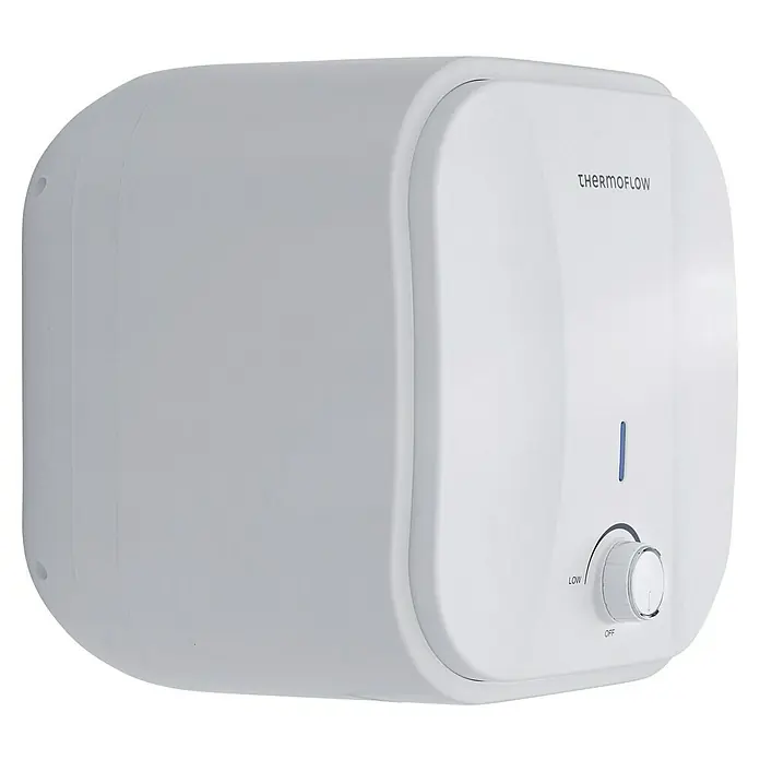 Thermoflow Warmwasserspeicher DS 15 O - 15 l, 2.000 W, Temperaturbereich: 30 °C - 75 °C - Ein weißer Thermoflow-Wassererhitzer mit einem Drehknopf zur Temperaturregelung und einer blauen Kontrollleuchte.