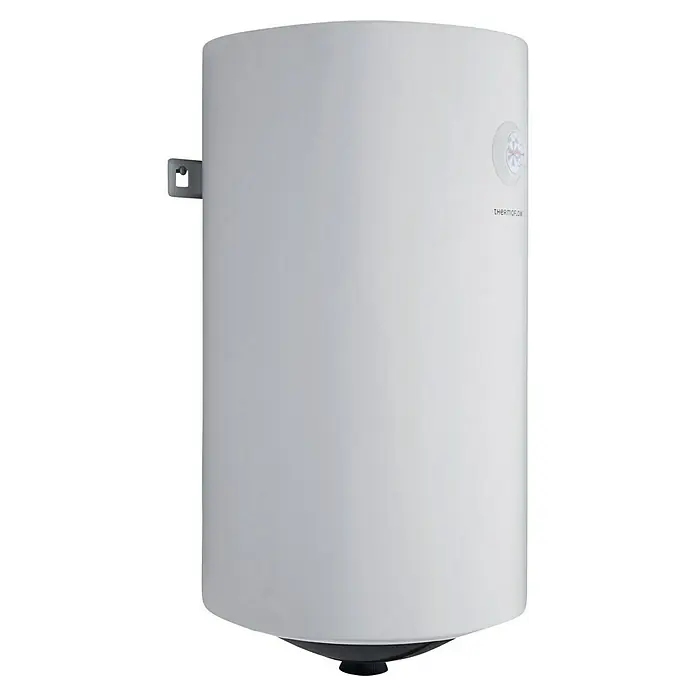 Thermoflow Warmwasserspeicher DS50 - 50 l, 2.000 W, Temperaturbereich: 30 °C - 75 °C - Produktabbildung eines weißen Thermoflow-Wassererhitzers, ein Gerät zur effizienten Warmwasserbereitung im Haushalt.\n