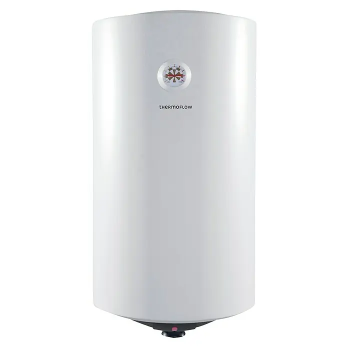 Thermoflow Warmwasserspeicher DS50 - 50 l, 2.000 W, Temperaturbereich: 30 °C - 75 °C - Weißer Thermoflow Warmwasserspeicher mit Temperaturanzeige und Thermoflow Logo. Für effiziente Warmwasserbereitung im Haushalt.