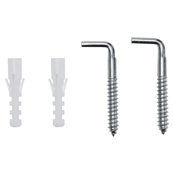 Thermoflow Warmwasserspeicher DS 80 - 80 l, 2.000 W, Temperaturbereich: 30 °C - 75 °C - Das Bild zeigt zwei weiße Dübel und zwei silberne Schraubhaken, die typisch für Wandbefestigungen sind. Ideal zum Aufhängen von leichten Gegenständen.