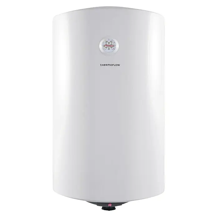 Thermoflow Warmwasserspeicher DS 80 - 80 l, 2.000 W, Temperaturbereich: 30 °C - 75 °C - Weiße Thermoflow Warmwasserbereiter mit Temperaturanzeige und dem Markennamen auf der Vorderseite, ideal für die Warmwasserversorgung im Haushalt.