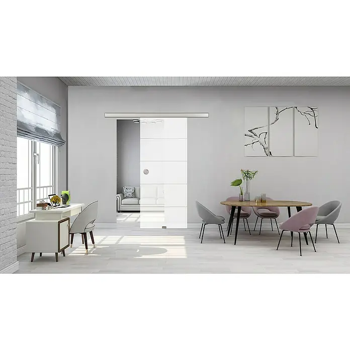 Diamond Doors Glasschiebetür Lines Positiv - 935 x 2.058 mm, Einscheibensicherheitsglas (ESG) - Elegante Inneneinrichtung mit einer modernen, weißen Schiebetür, die durch ihr stilvolles Design und Funktionalität besticht.