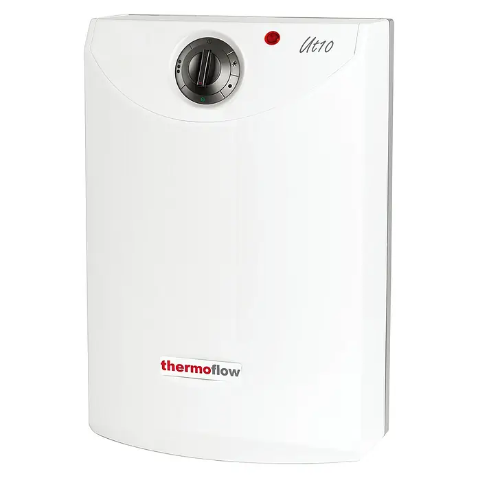 Thermoflow Warmwasserspeicher UT 10 - 10 l, 2.000 W, Untertischmontage - Nahaufnahme eines Thermoflow Warmwasserbereiters mit Bedienelementen und Logo.