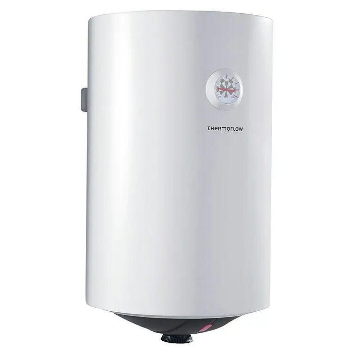 Thermoflow Warmwasserspeicher DS 30 - 30 l, Temperaturbereich: 30 °C - 75 °C - Ein Thermoflow-Warmwasserbereiter in Weiß, mit einem Temperaturregler und dem Thermoflow-Logo auf der Vorderseite.