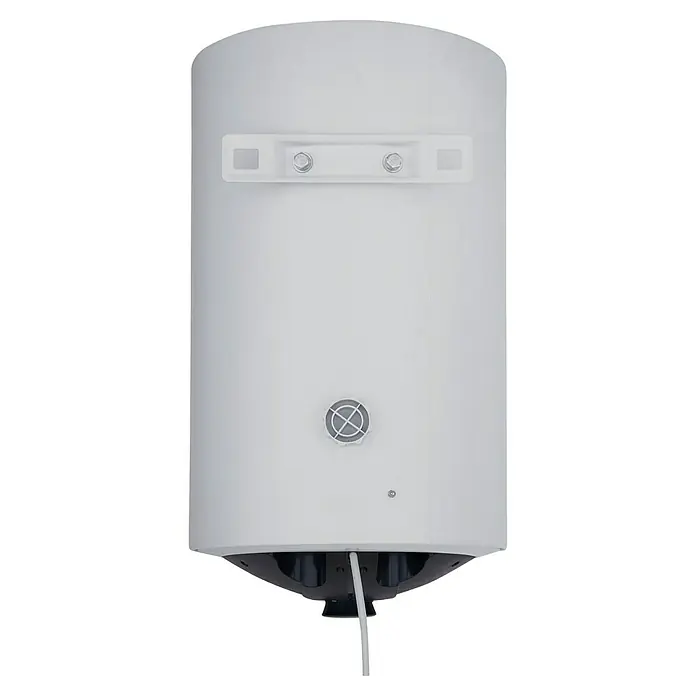 Thermoflow Warmwasserspeicher DS50 - 50 l, 2.000 W, Temperaturbereich: 30 °C - 75 °C - Nahaufnahme eines weißen, zylindrischen Warmwasserbereiters mit Details wie Halterungen und Anschlüssen.