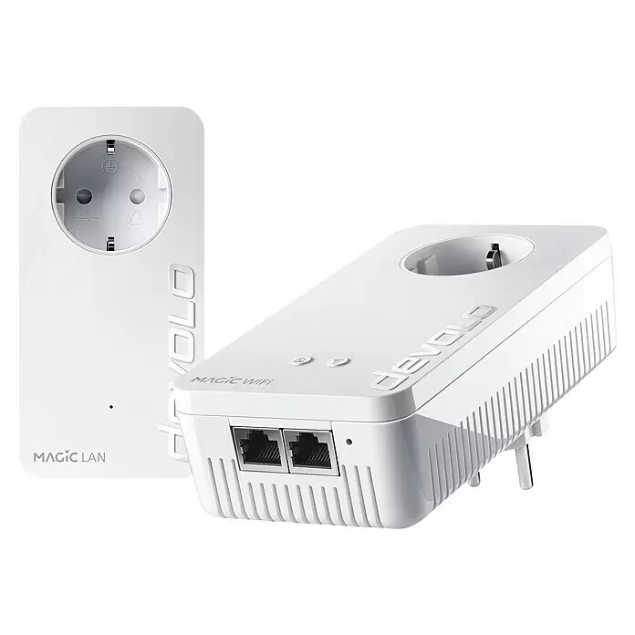 Devolo Starterkit Magic 2 WiFi 6 - 2 Stk., Passend für: devolo Magic-Reihe - Weißer Devolo Magic WiFi Powerline-Adapter mit integrierter Steckdose und zwei Ethernet-Anschlüssen.