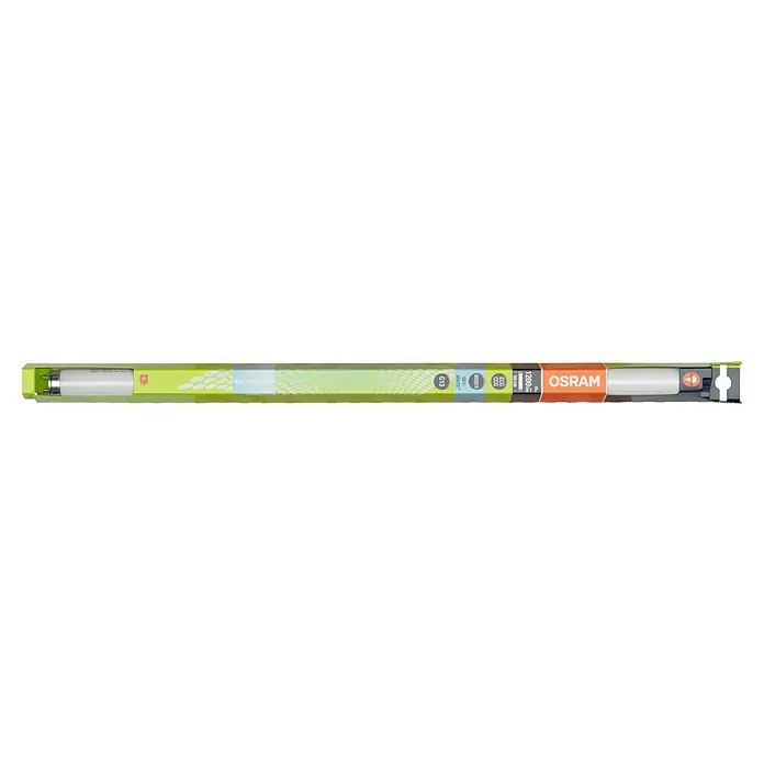 Osram Tubo fluorescente Skywhite - Largo: 60 cm, Blanco frío, 18 W, 1.350 lm, G13 - Esta imagen muestra un tubo LED Osram con varios símbolos y detalles técnicos mostrados en su embalaje.