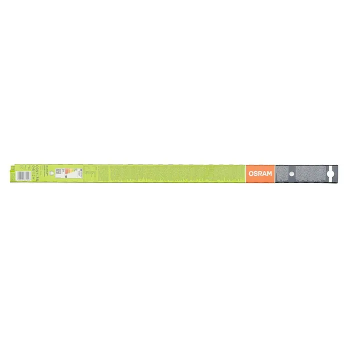 Osram Tubo fluorescente Skywhite - Largo: 60 cm, Blanco frío, 18 W, 1.350 lm, G13 - Un paquete de bombillas LED de Osram. Embalaje verde y naranja con información y etiqueta energética, destacando la eficiencia de la bombilla LED.