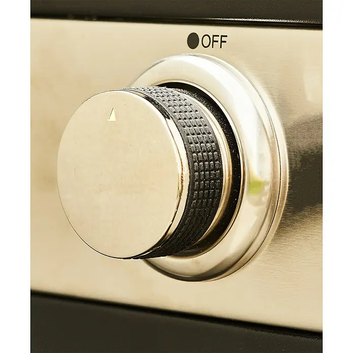 Barbacoa de gas Fidgi - Superficie de la parrilla (An x Pr): 57,5 x 42 cm, 11,5 kW, Número de quemadores: 3 - Primer plano de un mando de control con la marca "Off", perteneciente a un electrodoméstico de cocina.