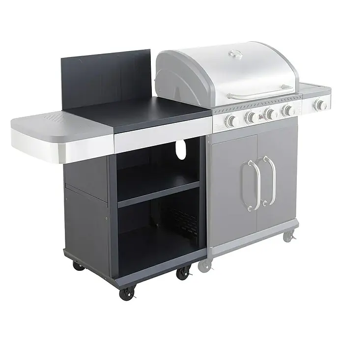 Mueble auxiliar modular para barbacoa Fidgi - Negro/Plateado - Barbacoa con estantes laterales y un armario inferior para guardar accesorios de parrilla. La superficie de trabajo ofrece mucho espacio.