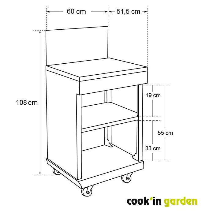 Mueble auxiliar modular para barbacoa Fidgi - Negro/Plateado - Ilustración de un carro de cocina con estantes y ruedas, incluyendo dimensiones.