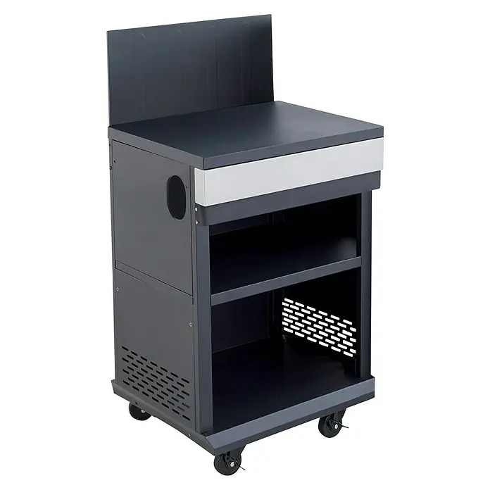 Mueble auxiliar modular para barbacoa Fidgi - Negro/Plateado - Imagen de un carrito multimedia negro con estantes y ruedas, ideal para presentaciones y conferencias.